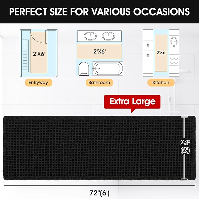 Accumtek Extra Large Waffle Bath Mat, 6'x2' Black, Super Absorbent Non-Slip Quick Dry Bathroom Rugs with Tassels, Machine Washable Ultra Soft Boho Bath Rugs for Floor, Toilet Mats Boho Farmhouse Decor