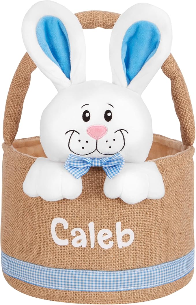 Let's Make Memories Personalized Easter Basket for Kids - Custom - For Boys and Girls - Fillable - With Optional Easter Basket Stuffers - 3-D Stuffed Bunny in Burlap - Blue