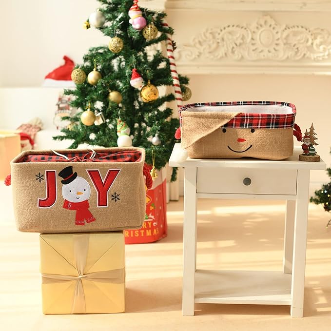 INough Christmas Baskets Empty Holiday Christmas Basket Santa Claus Gift Baskets Storage Bins with Handles, Festive Organizer Collapsible Toy Bin for Nursery, Ornaments & Home Decor