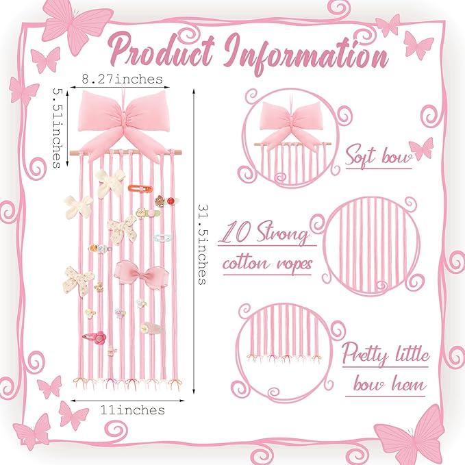 Long Bow Holder for Girls Baby Pink Bow Hair Bows Clip Organizer 31.5 Inch Baby Hair Accessories Storage Display Hanging Decor for Girls Nursery Room Bedroom Living Room