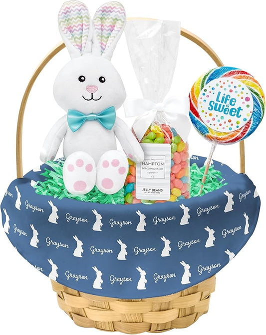 Let's Make Memories Personalized Easter Basket for Kids - For Boys - For Girls - Create Your Own - Fillable - Wicker - Easter Basket Stuffers - Small - Denim Blue Hoppy Bunny