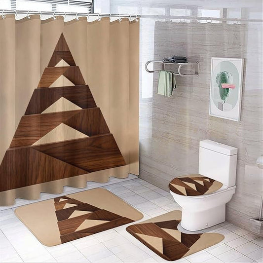 4 Piece Bathroom Rug Set with Shower Curtain, Non-Slip Bath Mat Toilet Cover Set, Overlappings Bathroom Rug Sets