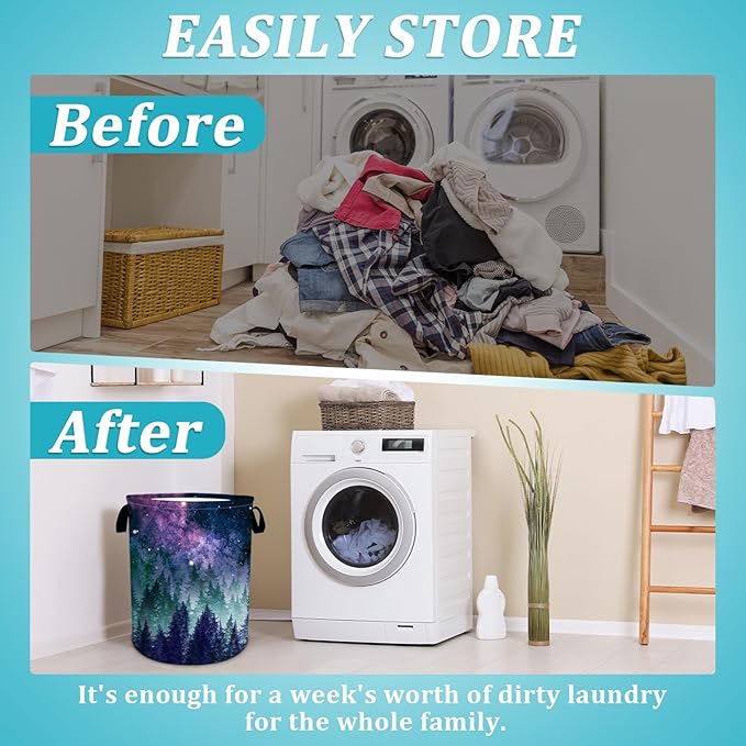 Galaxy Laundry Basket, Purple Forest Laundry Hamper Funny Tote Bag Dirty Clothes Storage Bucket Toy Organizer for Bathroom/Laundry/Bedroom 15.7"x19.6"