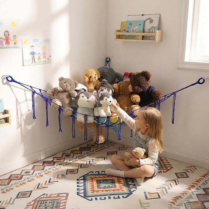 Stuffed Animals Hammock Corner Hanging Net for Macrame Stuffed Animal Storage Plush Toy Holder Toy Organizer for Boho Nursery Playroom Bedroom Kids Room Decor (blue, Large)