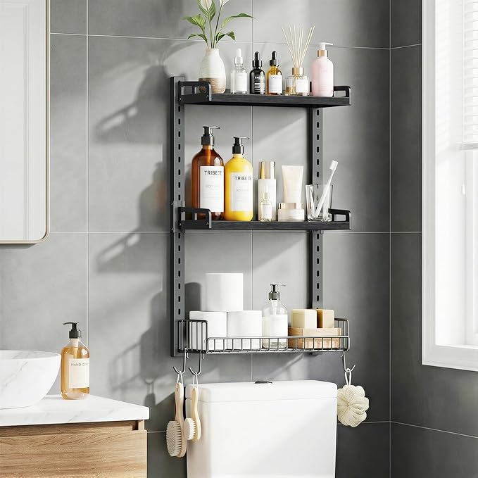 3 Tier Bathroom Shelves Over Toilet - Wall Mounted Floating Shelves with Drain Basket, Toilet Paper Storage, Height Adjustable Over The Toilet Storage, Pure Black