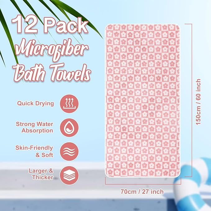 12 Pack Microfiber Bath Towels Bulk 27'' x 60'' Oversized Size Bath Towel Highly Absorbent Extra Large Soft Drying for Shower Beach Winter Salon Sport Gym Party (Flowers,Pink)