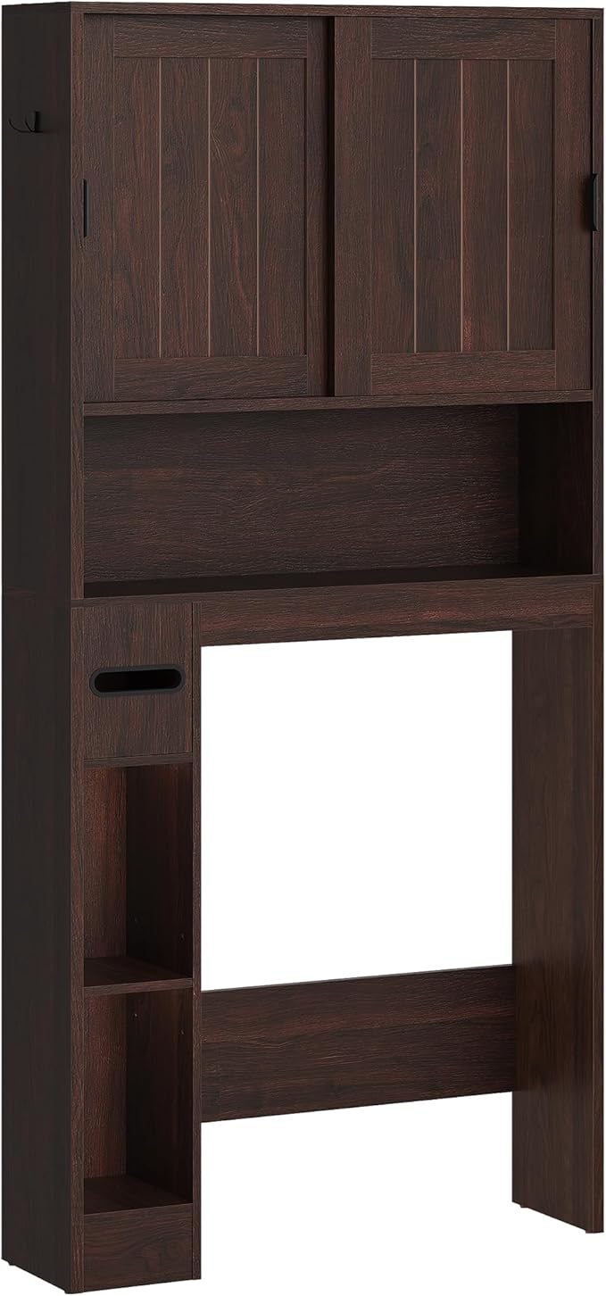 Over The Toilet Storage Cabinet, Farmhouse Storage Cabinet Over Toilet with Sliding Doors, Freestanding Bathroom Organizer with Adjustable Shelf, Space-Saving Toilet Rack, TSZB8001
