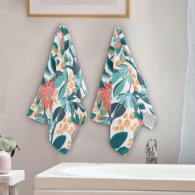 2 Pcs Teal Orange Boho Floral Hand Towels for Bathroom,Soft Absorbent Turquoise Blue Leave Coral Flower Dish Towels for Kitchen,Quick Dry Decorative Bathroom Towels for Face,Shower 14"x28"