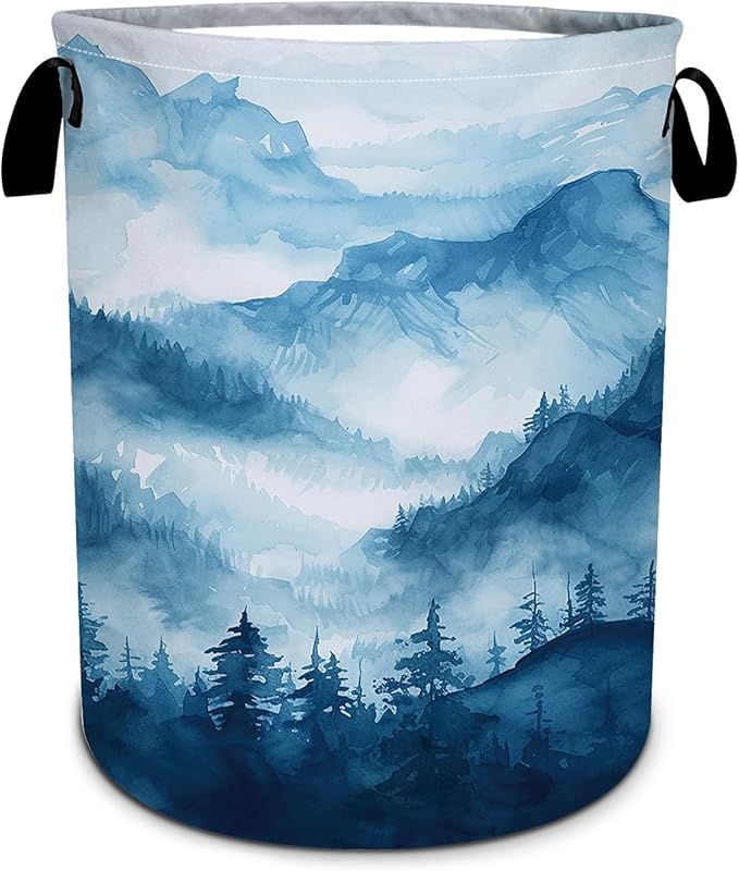 Blue Mountain Forest Laundry Basket, Foldable Waterproof Oxford Cloth Laundry Hamper Funny Tote Bag Dirty Clothes Storage Bucket Toy Organizer for Bathroom/Laundry/Bedroom 15.7"x19.6"
