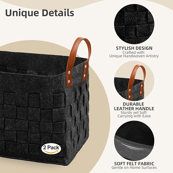 BOLDMONKEY Laundry Basket 15" x13 " x11 " 2 Pack, Large Rectangular Blanket Basket with Leather Handle, Felt Storage Basket for Living Room, Nursery, Dog Toys-Dark Gray