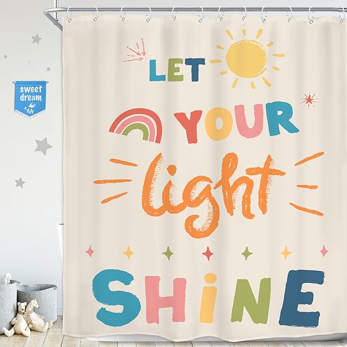 Homewelle Extra Long Kids Quotes Shower Curtain Inspirational Cartoon Colorful Let You Light Shine 72Wx78H Inch English Letter Sun Simple for Child Waterproof Polyester Fabric Bathroom Bathtub