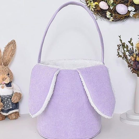 Easter Bunny Basket, Cute Easter Bucket Bags with Rabbit Ears for Easter Eggs Hunting, Plush Easter Bunny Basket, Easter Tote Bags for Candy Storage Decorations (Purple)