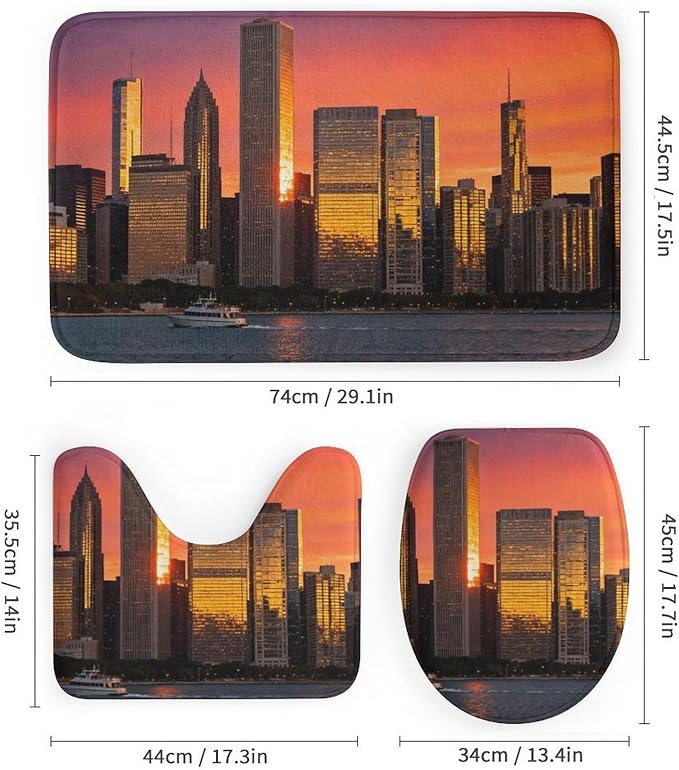 4 Piece Bathroom Rug Set with Shower Curtain, Non-Slip Bath Mat Toilet Cover Set, Skyline Bathroom Rug Sets