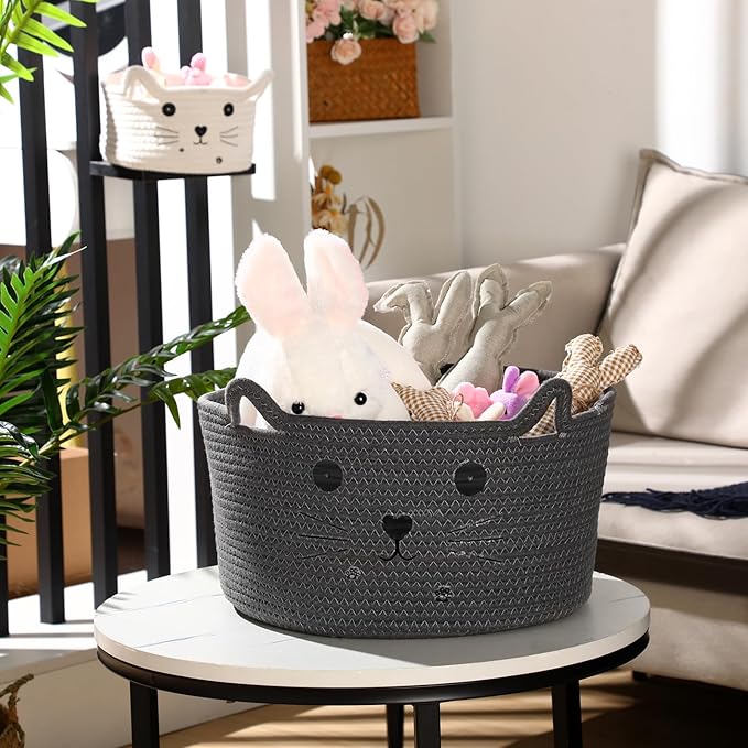 Zopeal Cat Basket Storage Woven Organizer with Ears Christmas Decorative Pet Toy Cute Cotton Rope Basket for Gift Cat Dog Toy Bin Nursery Room(13.7 x 7.8 Inch,Dark Grey)