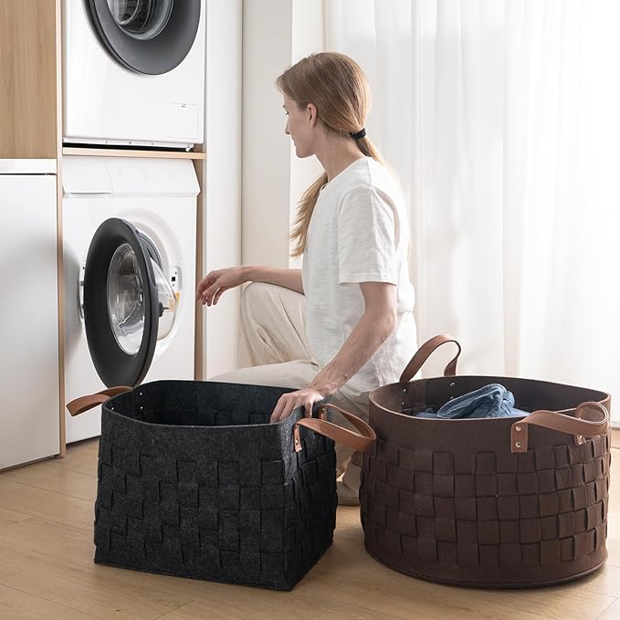 BOLDMONKEY Laundry Basket 15" x13 " x11 " 2 Pack, Large Rectangular Blanket Basket with Leather Handle, Felt Storage Basket for Living Room, Nursery, Dog Toys-Dark Gray