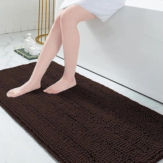 Grandaily Chenille Striped Bathroom Rugs 70x24, Extra Thick and Absorbent Bath Mats, Non-Slip Soft Plush Shaggy Shower Carpet, Machine Wash Dry, Bath Rug for Bathroom, Brown