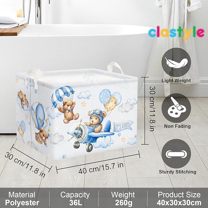 Clastyle 36L Large Blue Bear Pilot Hot Air Balloon Shelf Basket with Handle Collapsible Rectangle Toy Clothes Storage Basket for Kid Room Nursery, 40 * 30 * 30 cm