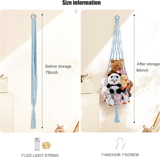 Stuffed Animal Hammock Corner Net with LED Light Plushies Storage Hammock for Stuffed Animals Boho Room Decor Macrame Wall Decor