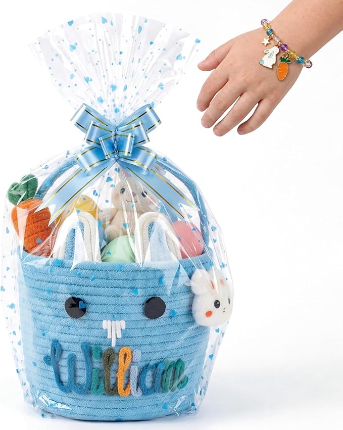 Personalized Easter Baskets for Boys Girls with Bunny Bracelet, Cute Bunny Custom Easter Basket for Baby Boy Girl with Colorful Rope Embroidered Name for Egg Hunts (Cute Bunny Emoji)