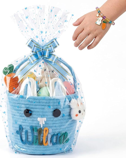 Personalized Easter Baskets for Boys Girls with Bunny Bracelet, Cute Bunny Custom Easter Basket for Baby Boy Girl with Colorful Rope Embroidered Name for Egg Hunts (Cute Bunny Emoji)