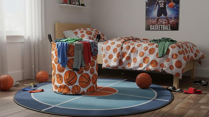 CLOCOR Round Collapsible Flat Storage Basket,Space-Saving Fabric Laundry Hamper for Clothes,Nursery Hamper,Gift Basket(Basketball)