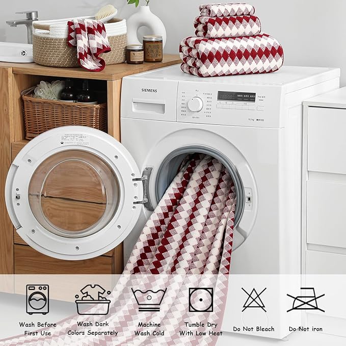 12 Pcs Burgundy Diamond Towel Set-4 Bath Towels,4 Hand Towels,4 Washcloths Soft Polyester Towels with Loop Absorbent Shower Towel Quick Dry Beach Chair Towel Family Towels for Bathroom Spa Gym Pool