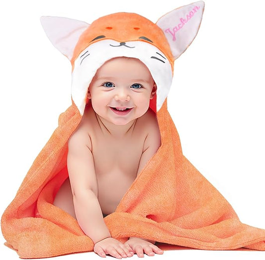 Baosity Custom Hooded Baby Towel with Name, Soft and Absorbent Customized Fox Toddler Towels, Baby Bath Towel for Boys and Girls, Easter Birthday Towel for Kids，Babies, Toddlers, Newborns Essential