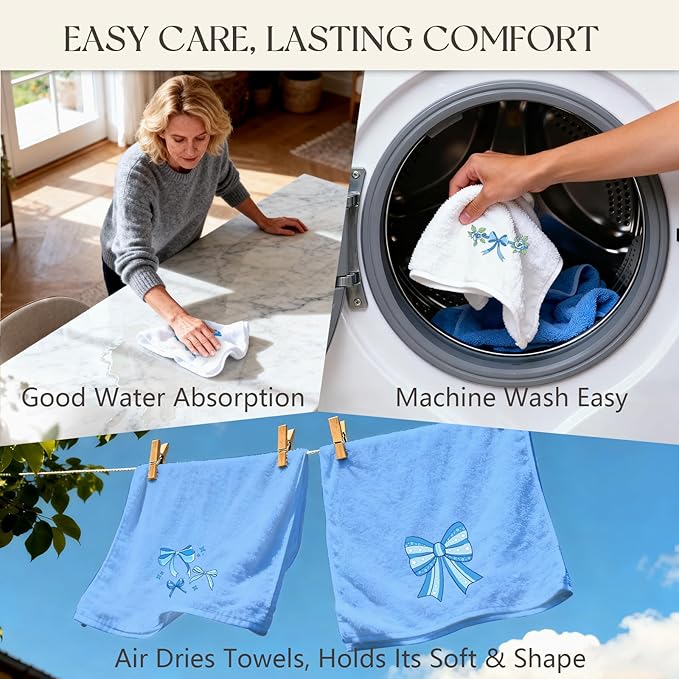 4 Pcs Bow Hand Towels Blue Hand Towels for Bathroom 29" x 13.3" Cute Bath Towel Bow Embroidered Decorative Towel Set Cotton Bowknot Bathroom Accessories Blue Kitchen Decor Bridal Shower Wedding Gift
