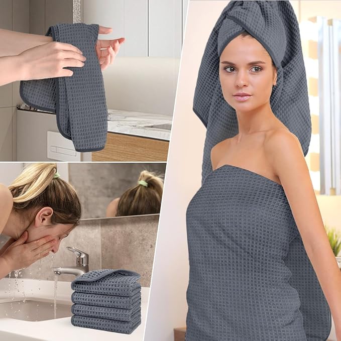 HOMEXCEL 6 Piece Premium Towels Set, 2 Bath Towels, 2 Hand Towels, and 2 Wash Cloths, Soft, Highly Absorbent and Quick Dry Microfiber Waffle Towel for Bathroom, Gym, Shower, Hotel, and Spa, Grey