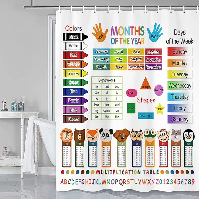 ABC Educational Shower Curtain for Kids, Learning Bathroom Decor Set with Grommets and Hooks, Multiplication Table Theme, Colorful
