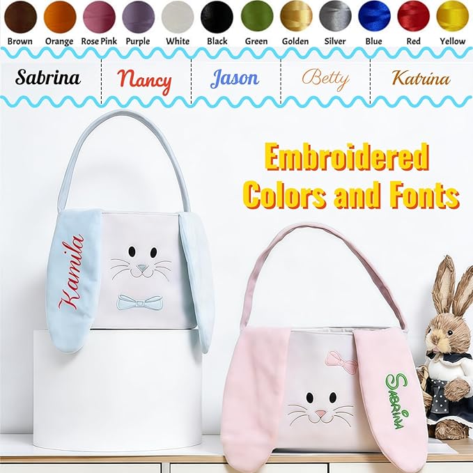 Hwingo Personalized Bunny Treat Basket with Embroidered Name, Custom Easter Baskets Egg Fillers, Personalized Easter Bags Candy Festival Gifts Storage (Blue)