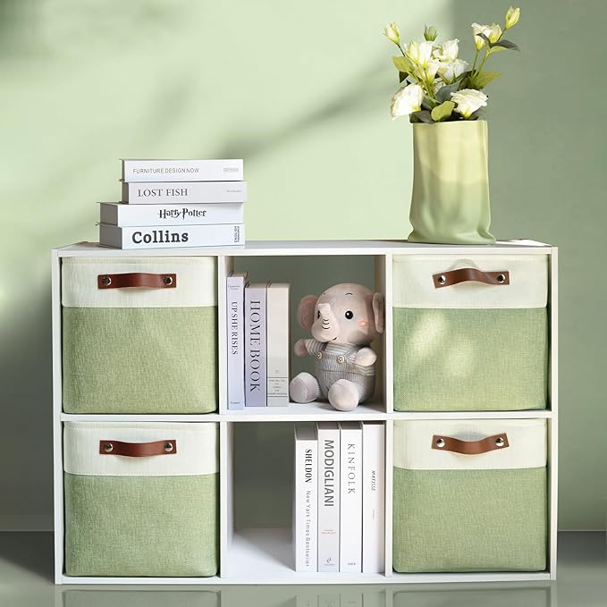 13 Inch Cube Storage Bins,Set of 4, Foldable Storage Basket with PU Handles for Organizing Home, Closet, Laundry, Office, Organizers for Shelves(White/Green)