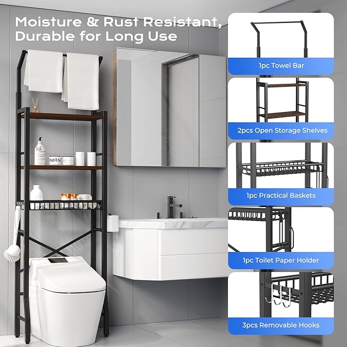 Over-The-Toilet Storage Rack, 3-Tier Bathroom Organizer Shelf Over Toilet with Adjustable Shelf and Basket, Freestanding Space Saver Bathroom Shelves Above Toilet for Room (Vintage Brown)