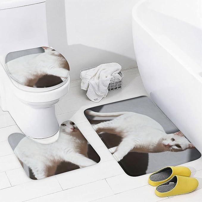 4 Piece Bathroom Rug Set with Shower Curtain, Non-Slip Bath Mat Toilet Cover Set, Close White Cat Bathroom Rug Sets