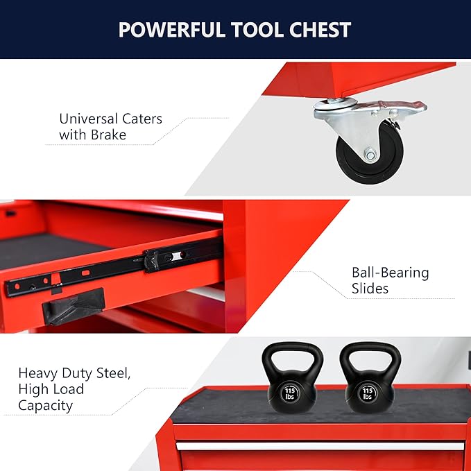 4 Drawers Rolling Tool Chest Cart. Tool Storage Cabinet with 4 Wheels.Tool Cabinet Trolley with Locking System and Drawer Liners.Tool Storage Cart for Garage,Workshop. 24.4" Toolbox Cart(red