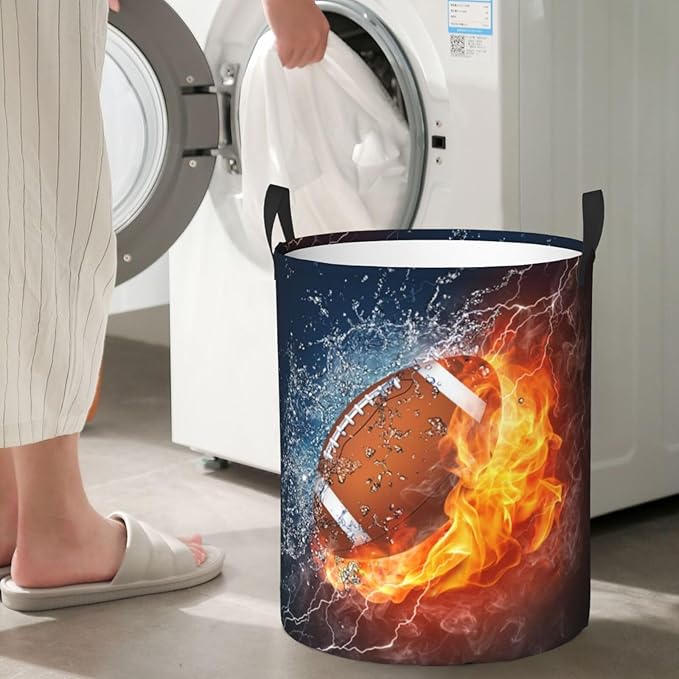 American Football Ball In Fire And Water Round Laundry Hamper Sport Rugby Storage Basket Toys Clothes Organizer Bin For Home Bathroom Bedroom Dorm Nursery, 38l