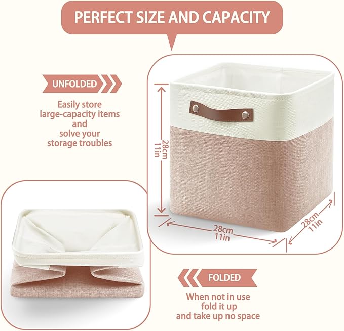 6-Pack Foldable Fabric Storage Cubes 11x11 Inch, Sturdy Cube Organizer Bins with Leather Handles, Storage Baskets for Closet Shelves and Home Organization(White/Pink)
