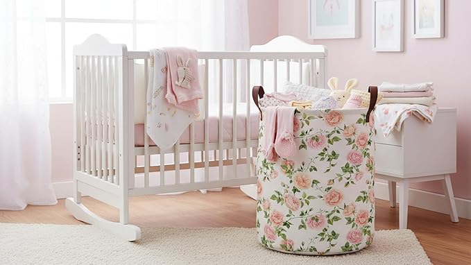 CLOCOR Round Collapsible Flat Storage Basket,Space-Saving Fabric Laundry Hamper for Clothes,Nursery Hamper,Gift Basket(Watercolor Rose)
