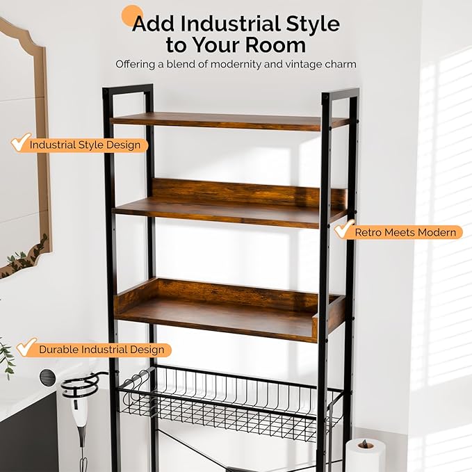 VINGLI Over-The-Toilet Storage Rack,4 Tier Bathroom Shelf Organizer Adjustable with Basket and Paper Holder,Freestanding Bathroom Space Saver Matal Stand with Feet Pad Above Toilet,Rustic Brown