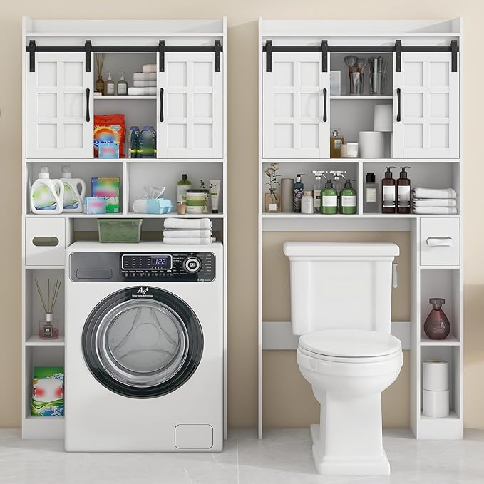 Over The Toilet Storage Cabinet, Farmhouse Storage Cabinet Over Toilet with Sliding Doors，Home Space-Saving Toilet Rack, for Bathroom, Restroom, Laundry,White