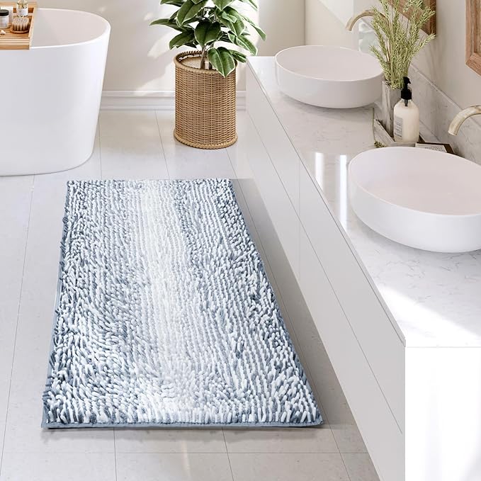 Hearth & Harbor Bathroom Rugs, Chenille Bath Mat - Machine Washable Bath Mats for Bathroom Non-Slip Backing Rubber, Quick Dry Bathroom Mat, 24 x 36 - Ombre Blue