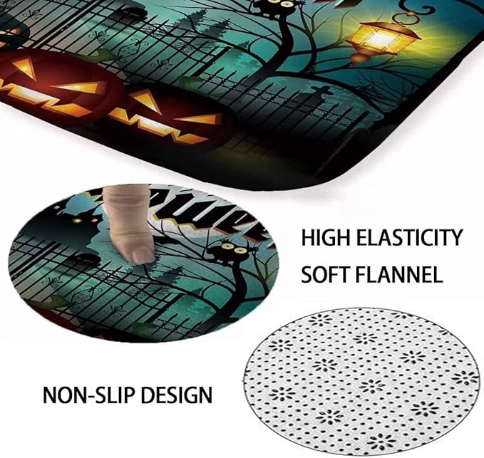 Halloween Bats Castle Pumpkin Waterproof Shower Curtain Set,with Non-Slip Rugs,Toilet Lid Cover and Bath Mat,Black Gloomy Bathroom Decor Accessory Set
