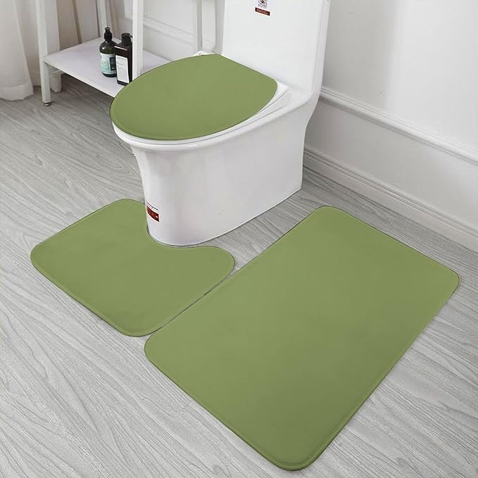 3 Pieces Bath Rug Sets, Light Green Trend Color Bathroom Mat Set Non Slip U Shaped Contour Rug & Toilet Lid Cover