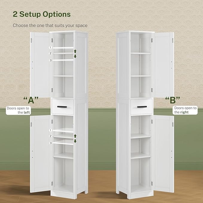 WEENFON 67 Tall Bathroom Cabinet with 6 Shelves & 1 Drawer, Narrow Storage Cabinet with Adjustable Shelves, Silm Cabinet for Living Room, Kitchen, White