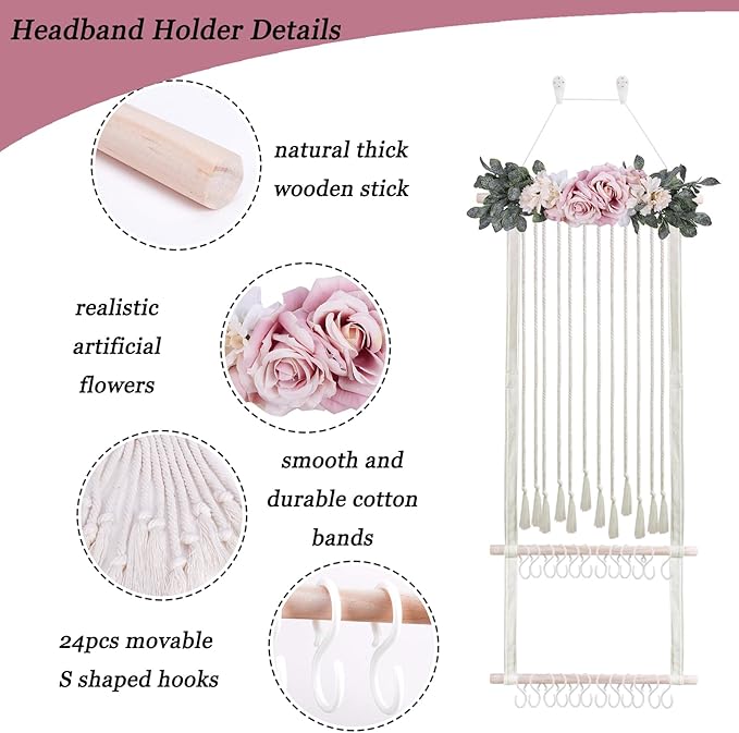 Headband Holder Bow Organizer for Girls, Hair Clips Bows Holder Baby Headbands Storage Personalized Hair Accessories Storage Organizer Wall Hanging Decor for Nursery Room Closet