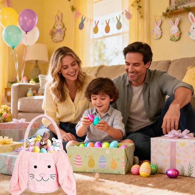Easter Bunny Basket for Kids, Fluffy Easter Egg Hunt Bag Soft Fabric, Cute Rabbit Tote Bags with Long Plush Ear Easter Tote Bags for Candy Gifts Storage (Pink)