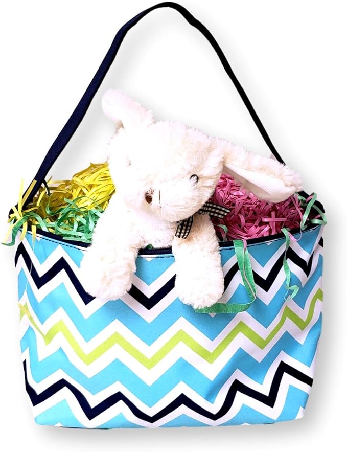 Personalized with Name Blue ZIg Zag Chevron Material Easter Basket Bucket for Egg Hunting