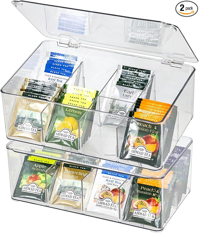 Plastic Clear Storage Containers, Set of 2 Tea Bag Organizer Boxes 8 Compartments with Lids, Underwear Tie Drawer Organizer, Dresser Organizer (10.8×7×3.7")