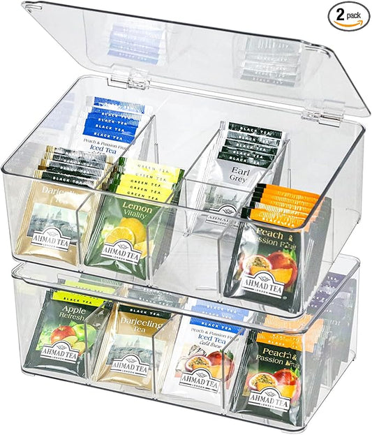 Plastic Clear Storage Containers, Set of 2 Tea Bag Organizer Boxes 8 Compartments with Lids, Underwear Tie Drawer Organizer, Dresser Organizer (10.8×7×3.7")