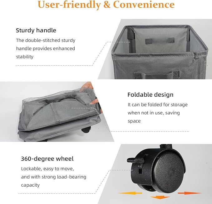 90L Laundry Basket with Wheels,Laundry Hamper with Removable Wash Bag, Rolling Clothes Hamper, Foldable Dirty Clothes Basket on wheels for Bedroom, Dorm, Laundry Room, Grey